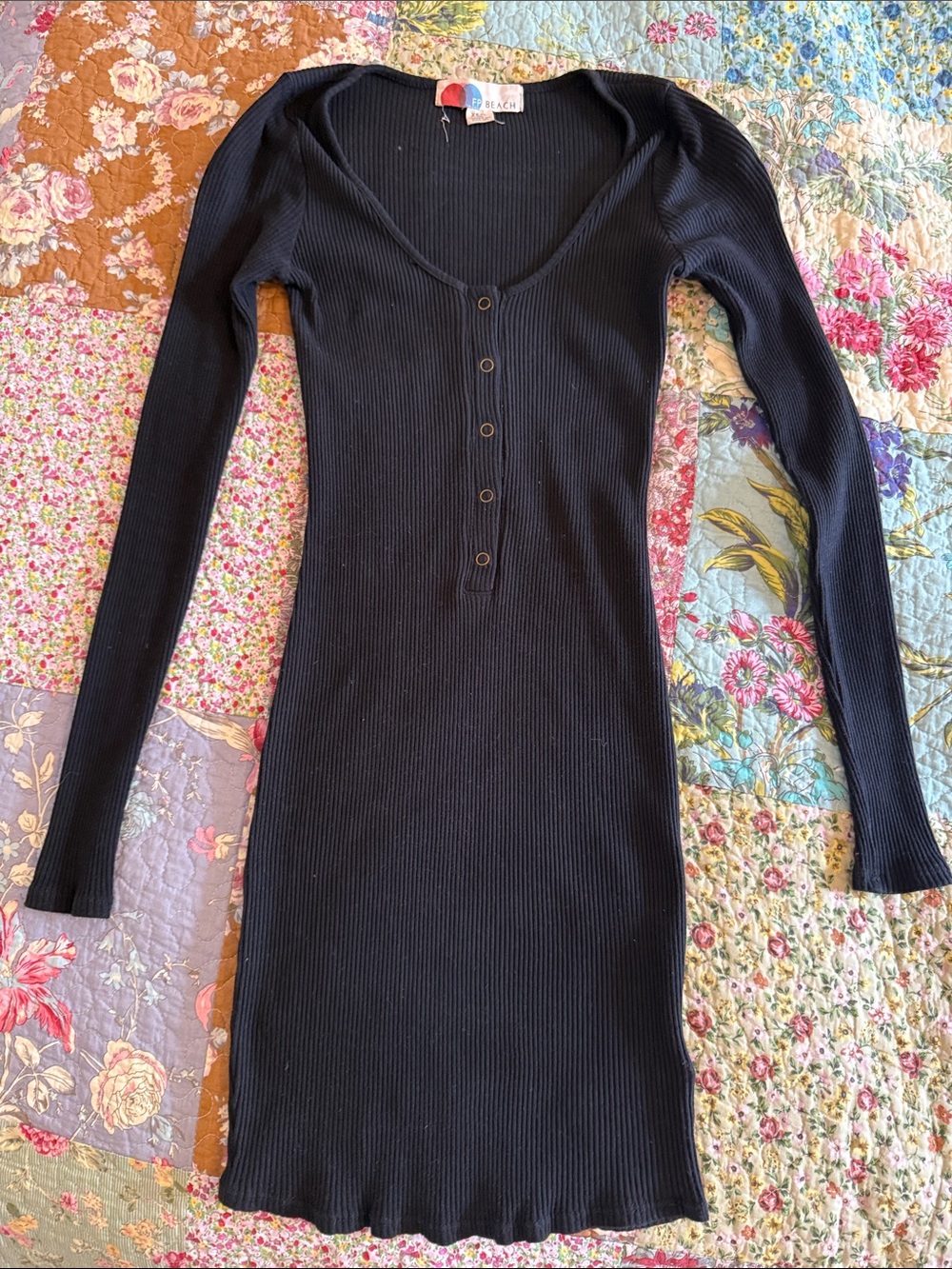 Free People Beach Ribbed Long Sleeve Black Bodycon Dress